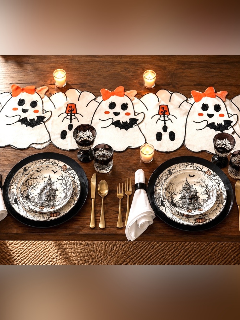 HALLOWEEN GHOST TABLE RUNNER 14X72 SHIMMER EMBROIDERED ADORABLE VHTF 2026 VIRAL